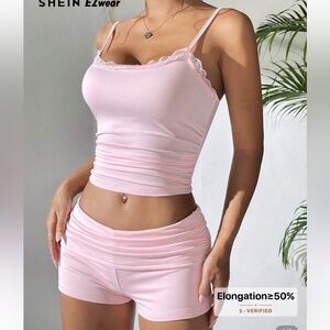 SHEIN Light Pink Lace Trim Set